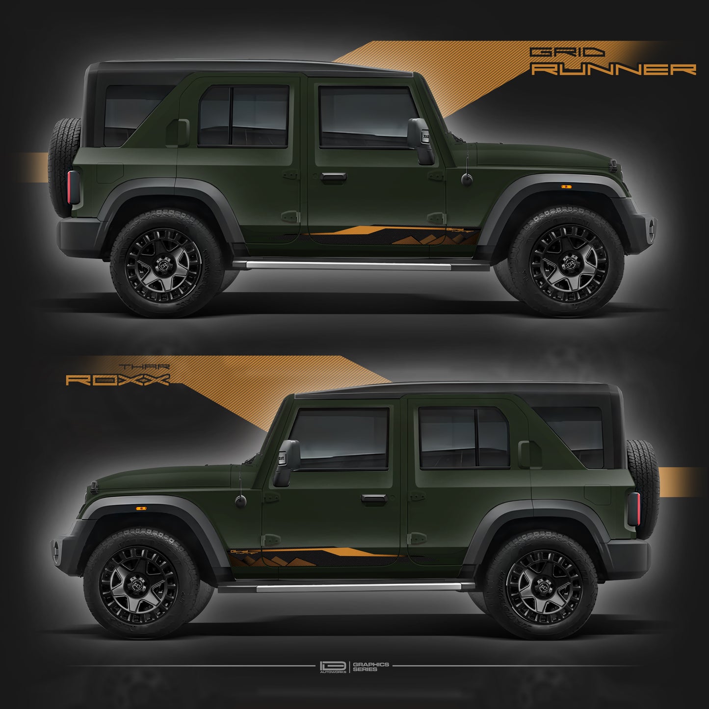 IDE Graphics Series - Grid Runner Edition for Mahindra Thar Roxx / Only Side Decals (Deep Forest)