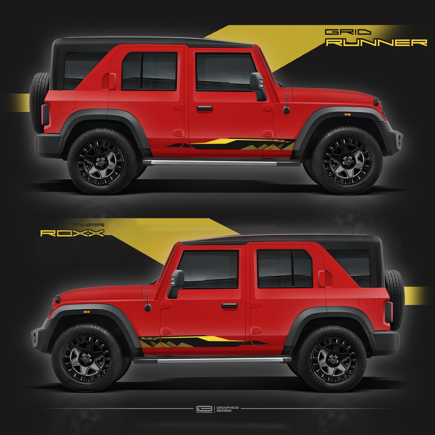IDE Graphics Series - Grid Runner Edition for Mahindra Thar Roxx / Only Side Decals (Tango Red)