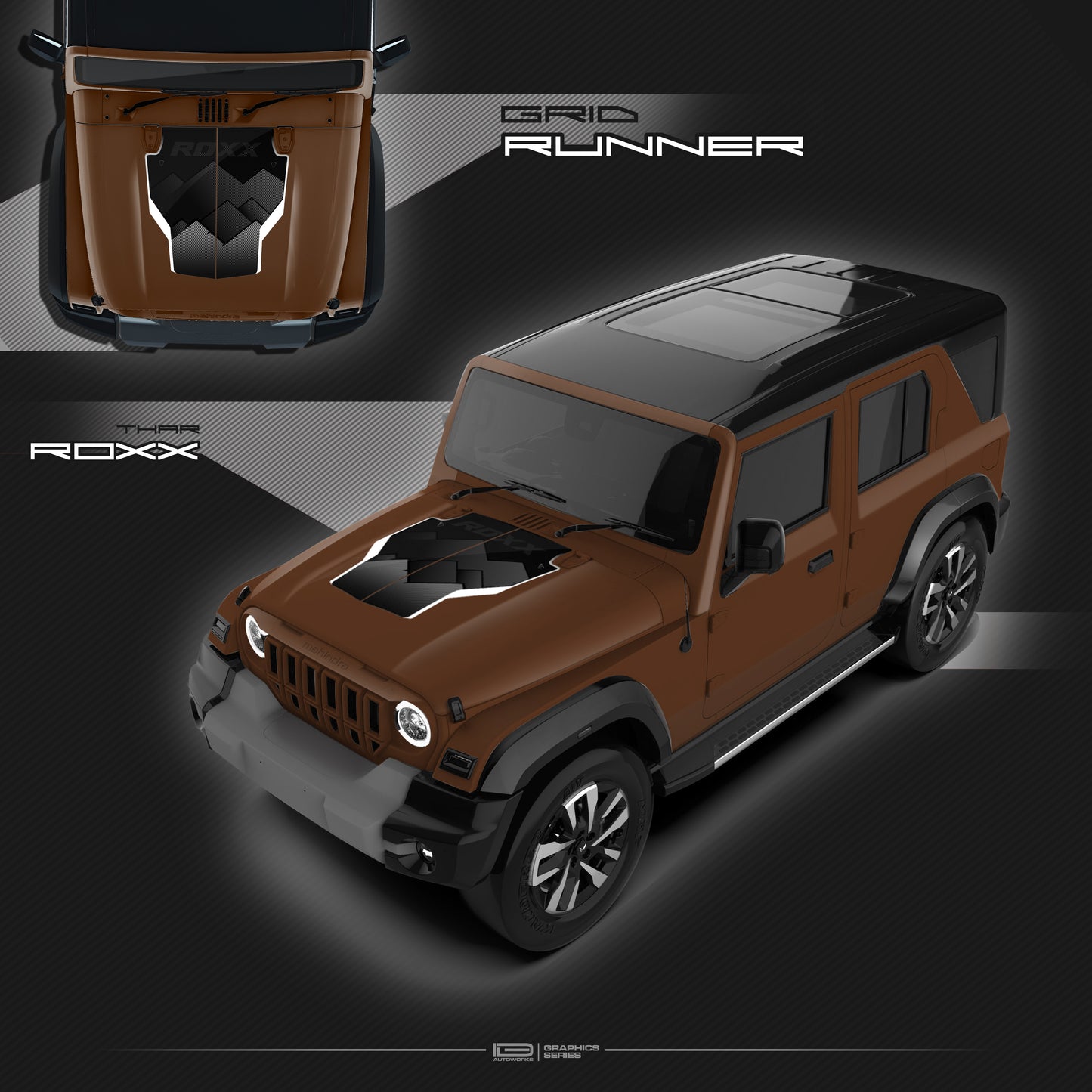 IDE Graphics Series - Grid Runner Edition for Mahindra Thar Roxx / Bonnet (Burnt Sienna)