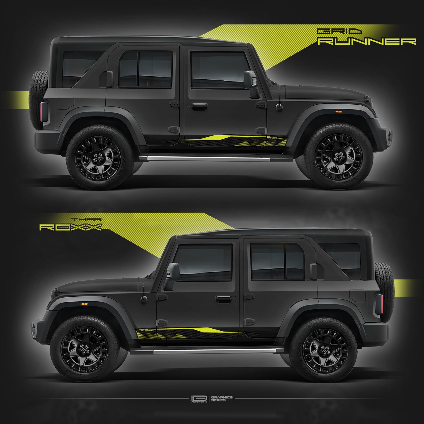 IDE Graphics Series - Grid Runner Edition for Mahindra Thar Roxx / Only Side Decals (Stealth Black)