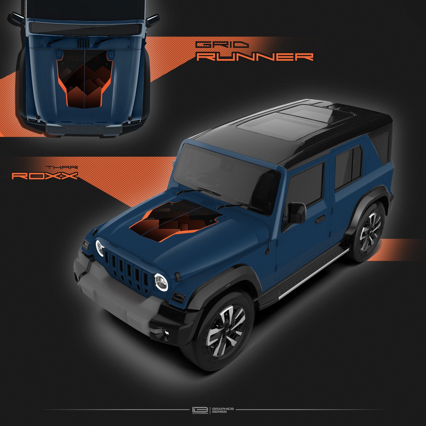 IDE Graphics Series - Grid Runner Edition for Mahindra Thar Roxx / Bonnet (Nebula Blue)
