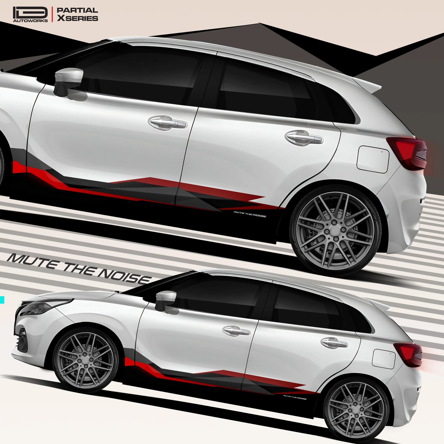 Mute The Noise Edition Graphics for Maruti Suzuki Baleno white