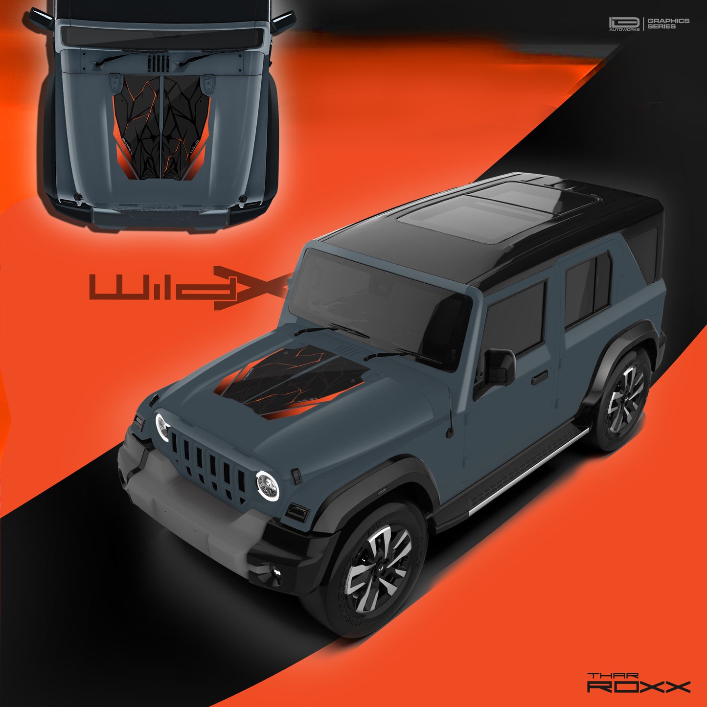 IDE Graphics Series - Wild X Edition for Mahindra Thar Roxx / Bonnet (Battleship Grey)