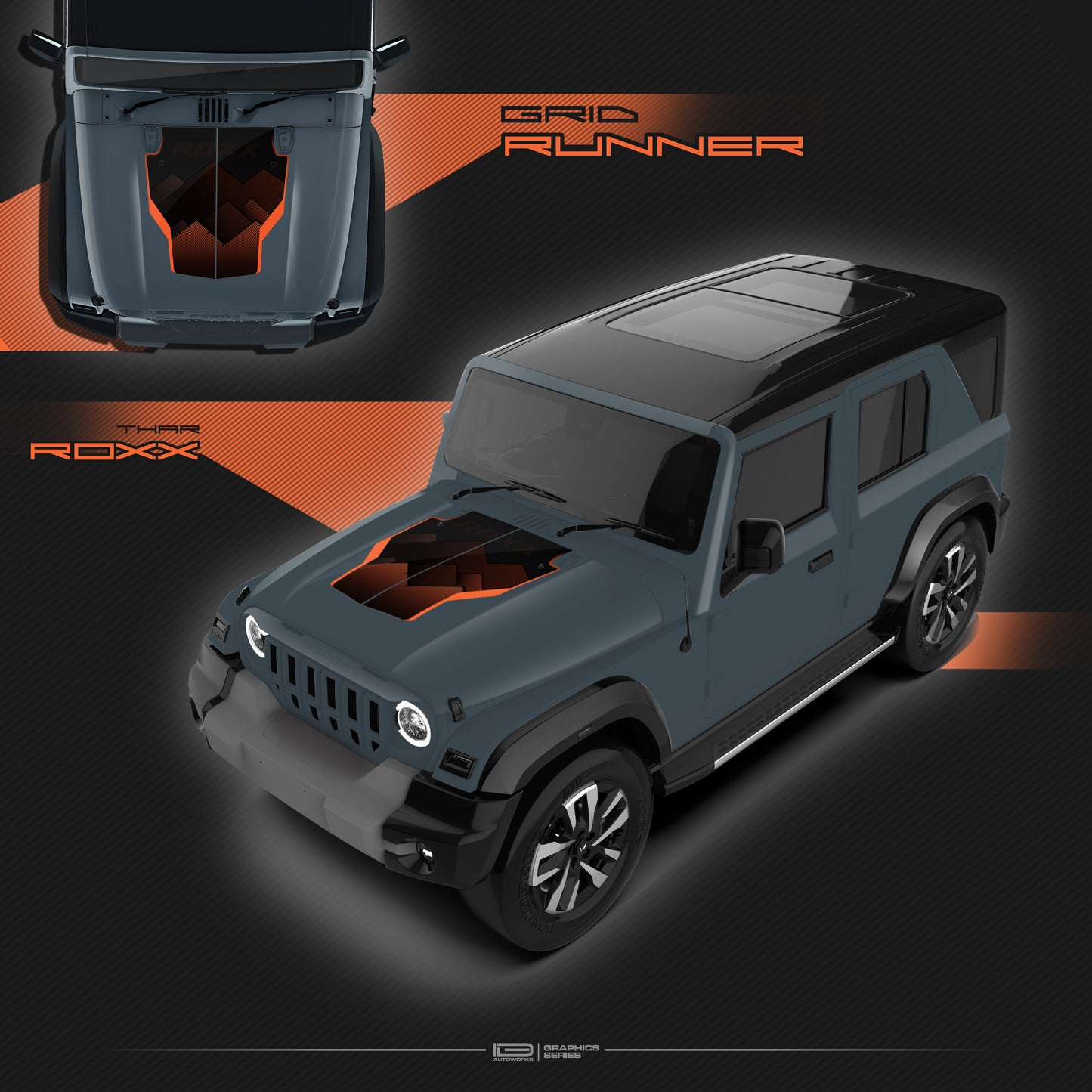 IDE Graphics Series - Grid Runner Edition for Mahindra Thar Roxx / Bonnet (Battleship Grey)