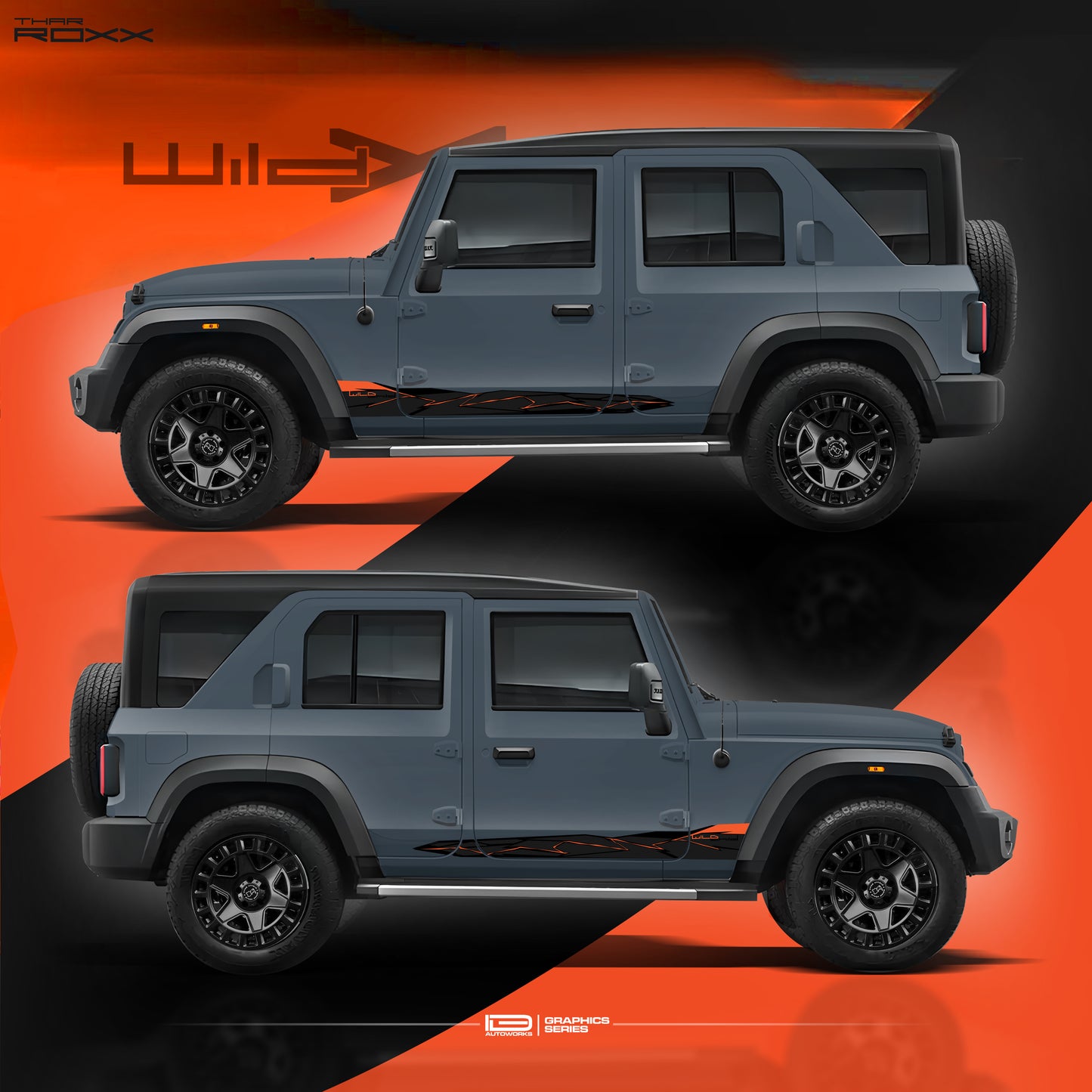 IDE Graphics Series - Wild X Edition for Mahindra Thar Roxx / Only Side Decals (Battleship Grey)
