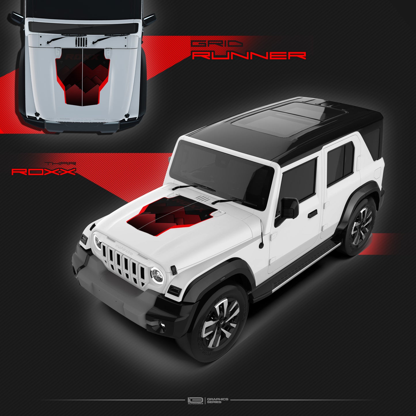 IDE Graphics Series - Grid Runner Edition for Mahindra Thar Roxx / Bonnet (Everest White)