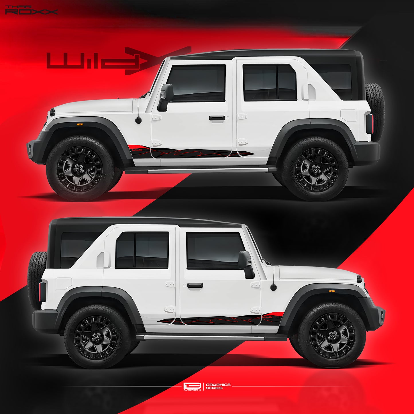 IDE Graphics Series - Wild X Edition for  Mahindra Thar Roxx / Only Side Decals (Everest White)
