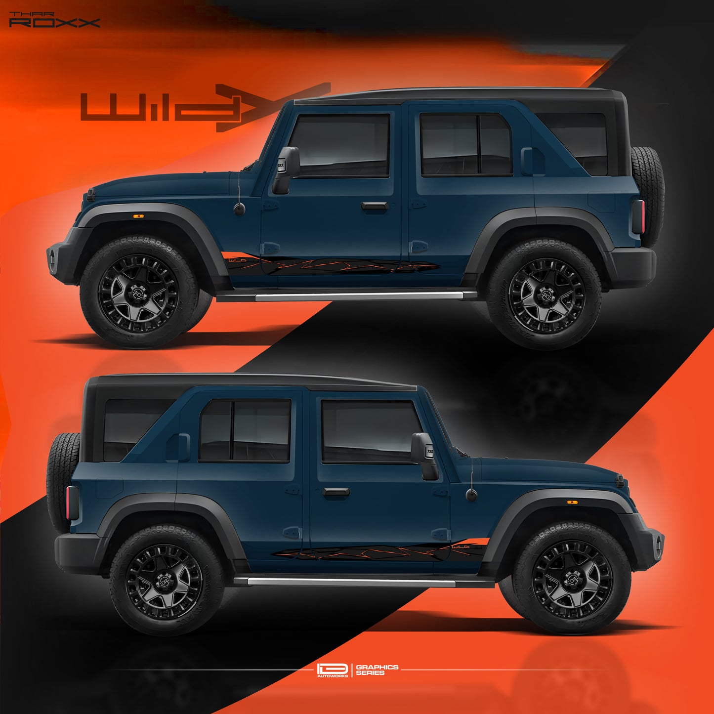 IDE Graphics Series - Wild X Edition Mahindra Thar Roxx / Only Side Decals (Nebula Blue)