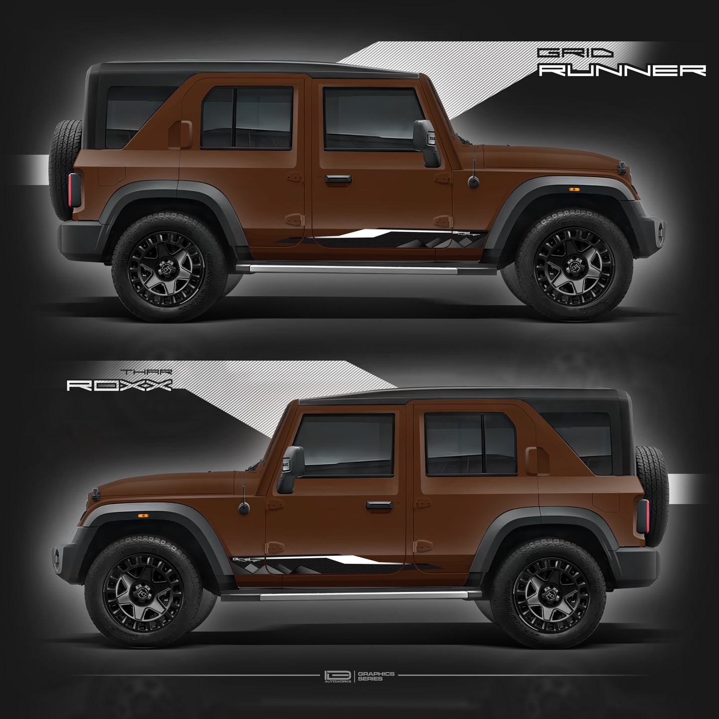 IDE Graphics Series -  Grid Runner Edition for Mahindra Thar Roxx / Only Side Decals  (Burnt Sienna)