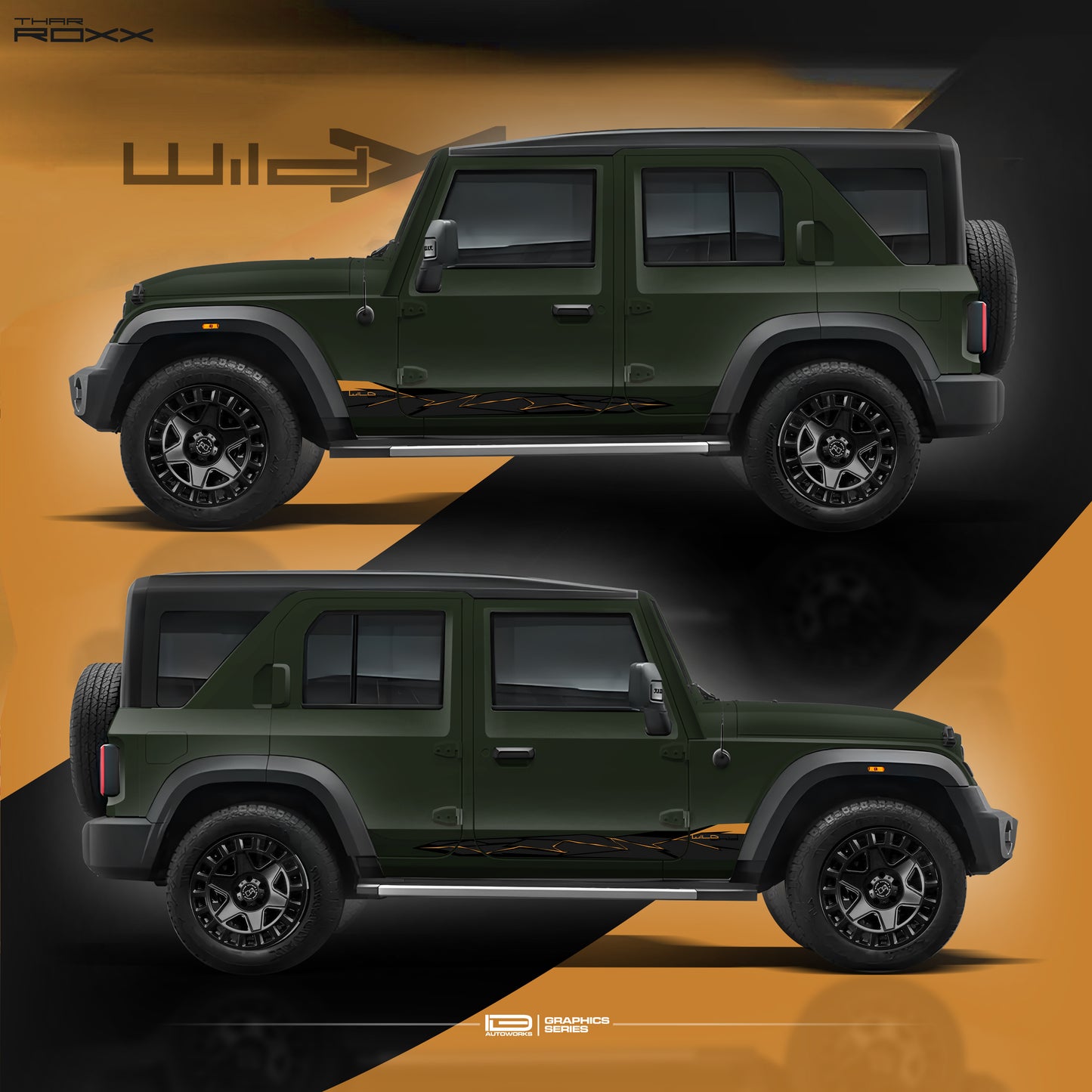 IDE Graphics Series - Wild X Edition for Mahindra Thar Roxx / Only Side Decals (Deep Forest)