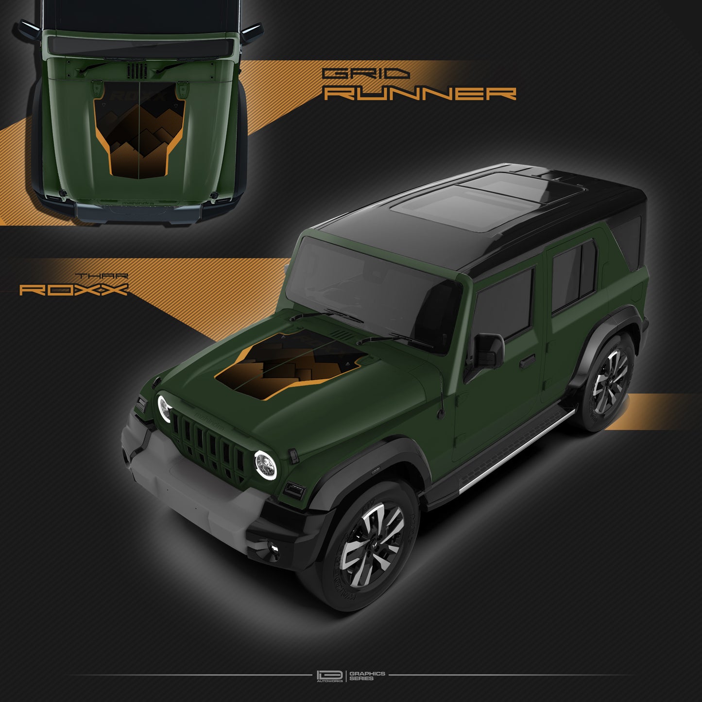 IDE Graphics Series - Grid Runner Edition for Mahindra Thar Roxx / Bonnet (Deep Forest)