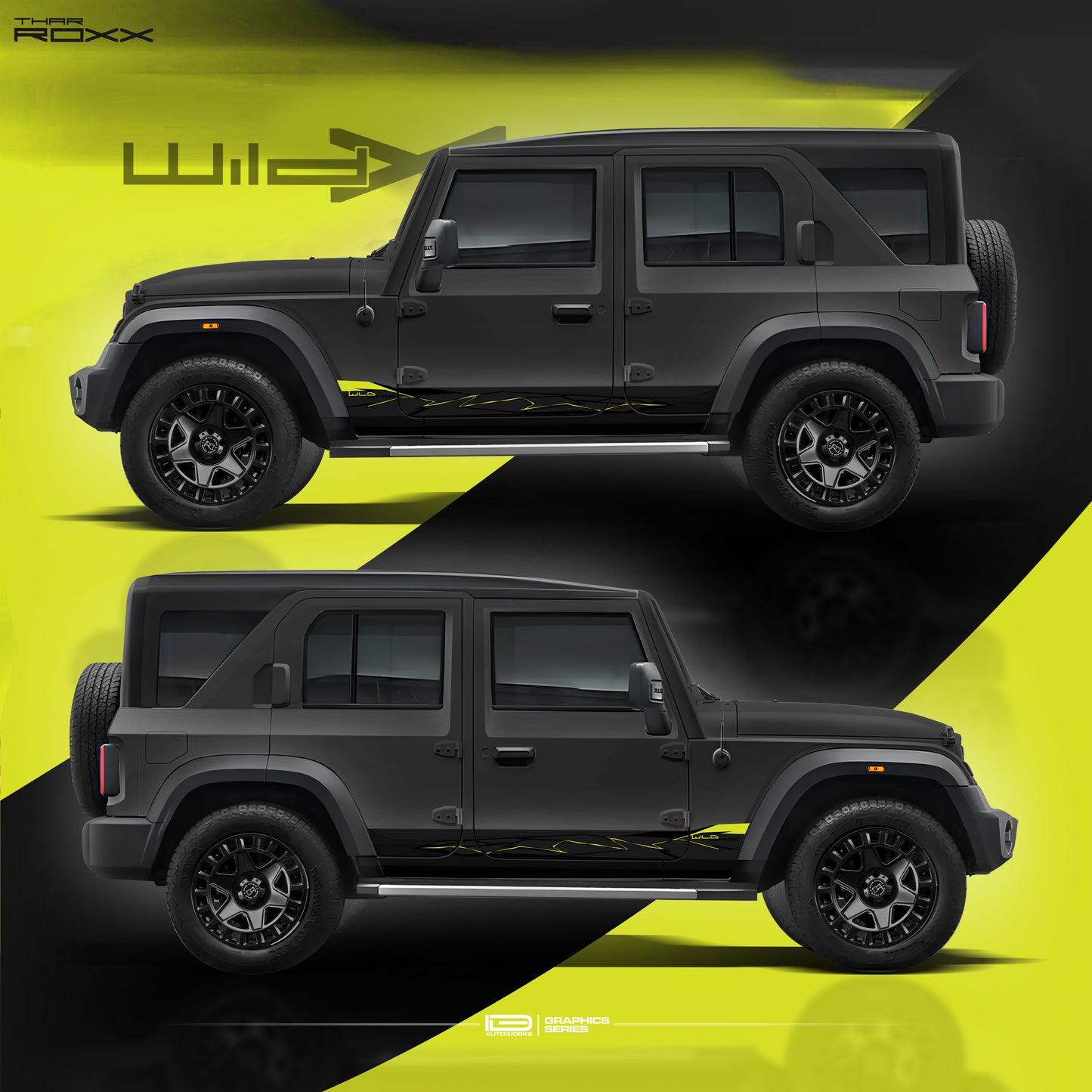 IDE Graphics Series - Wild X Edition for Mahindra Thar Roxx / Only Side Decals (Stealth Black)