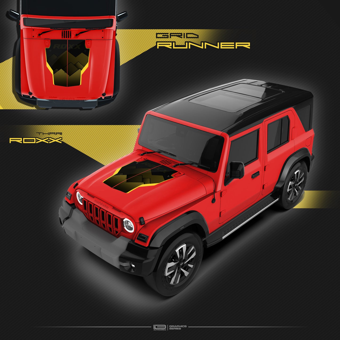 IDE Graphics Series - Grid Runner Edition for Mahindra Thar Roxx / Bonnet (Tango Red)
