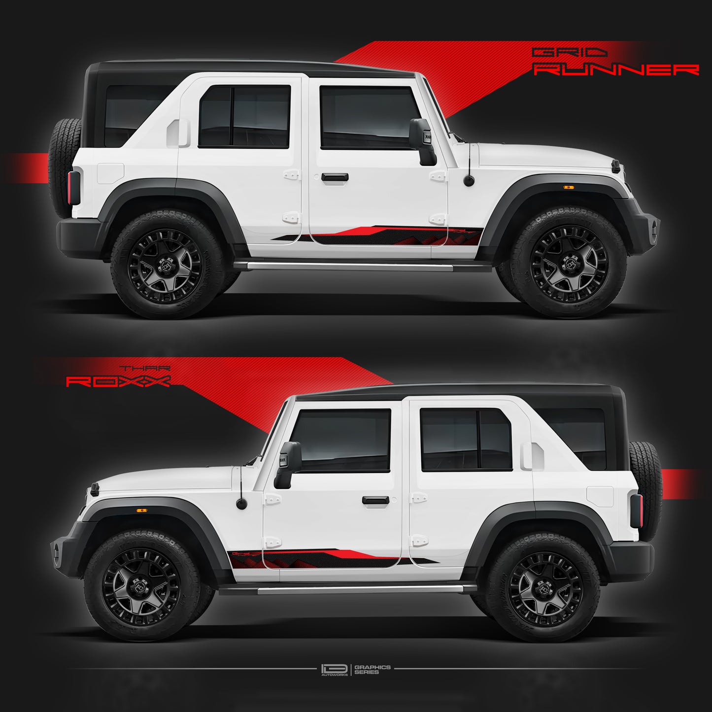 IDE Graphics Series - Grid Runner Edition for Mahindra Thar Roxx / Only Side Decals (Everest White)