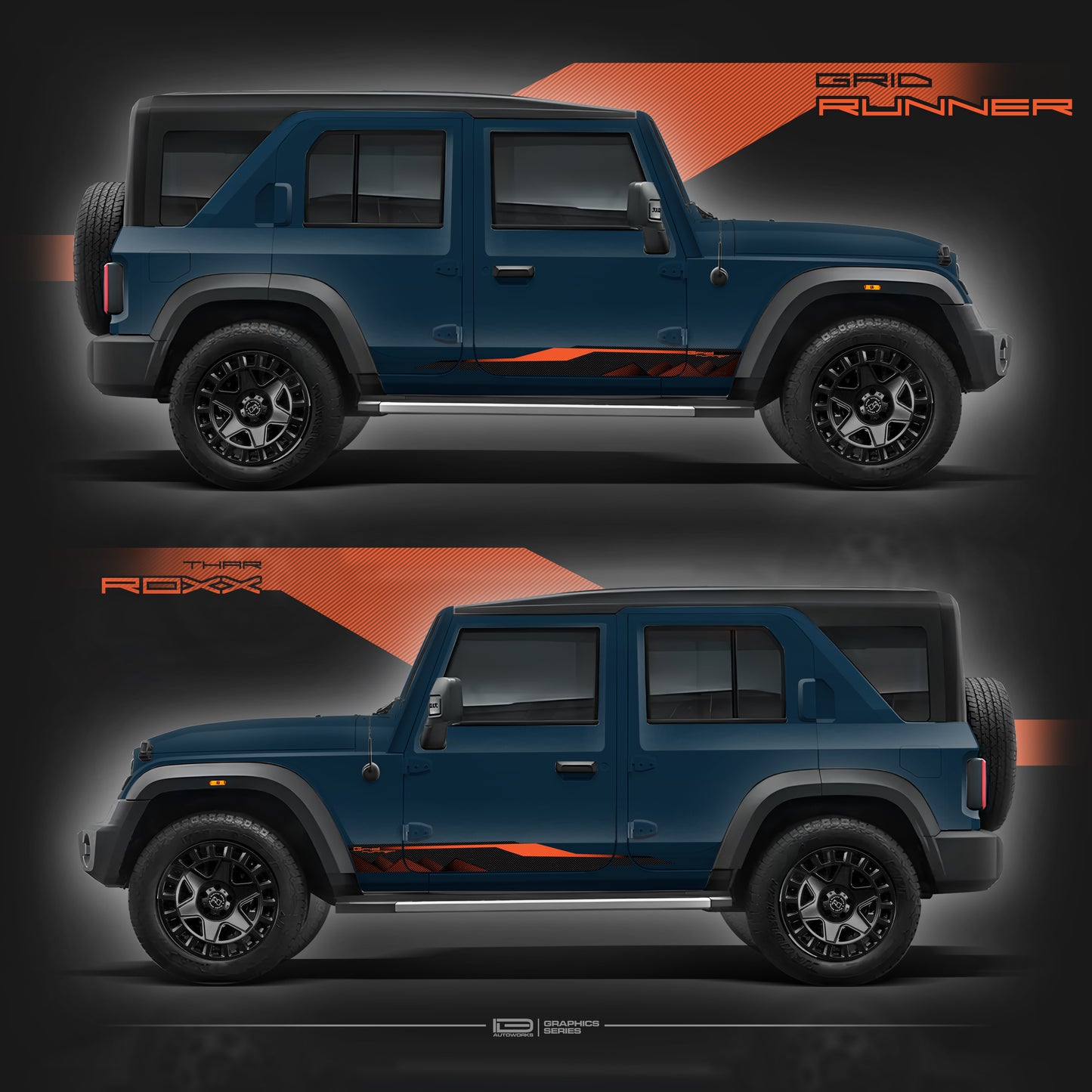 IDE Graphics Series - Grid Runner Edition for Mahindra Thar Roxx / Only Side Decals (Nebula Blue)