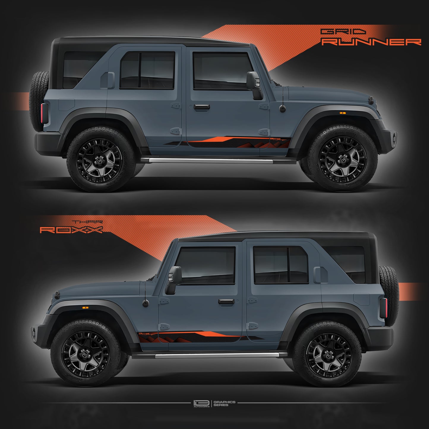 IDE Graphics Series - Grid Runner Edition for Mahindra Thar Roxx / Only Side Decals  (Battleship Grey)