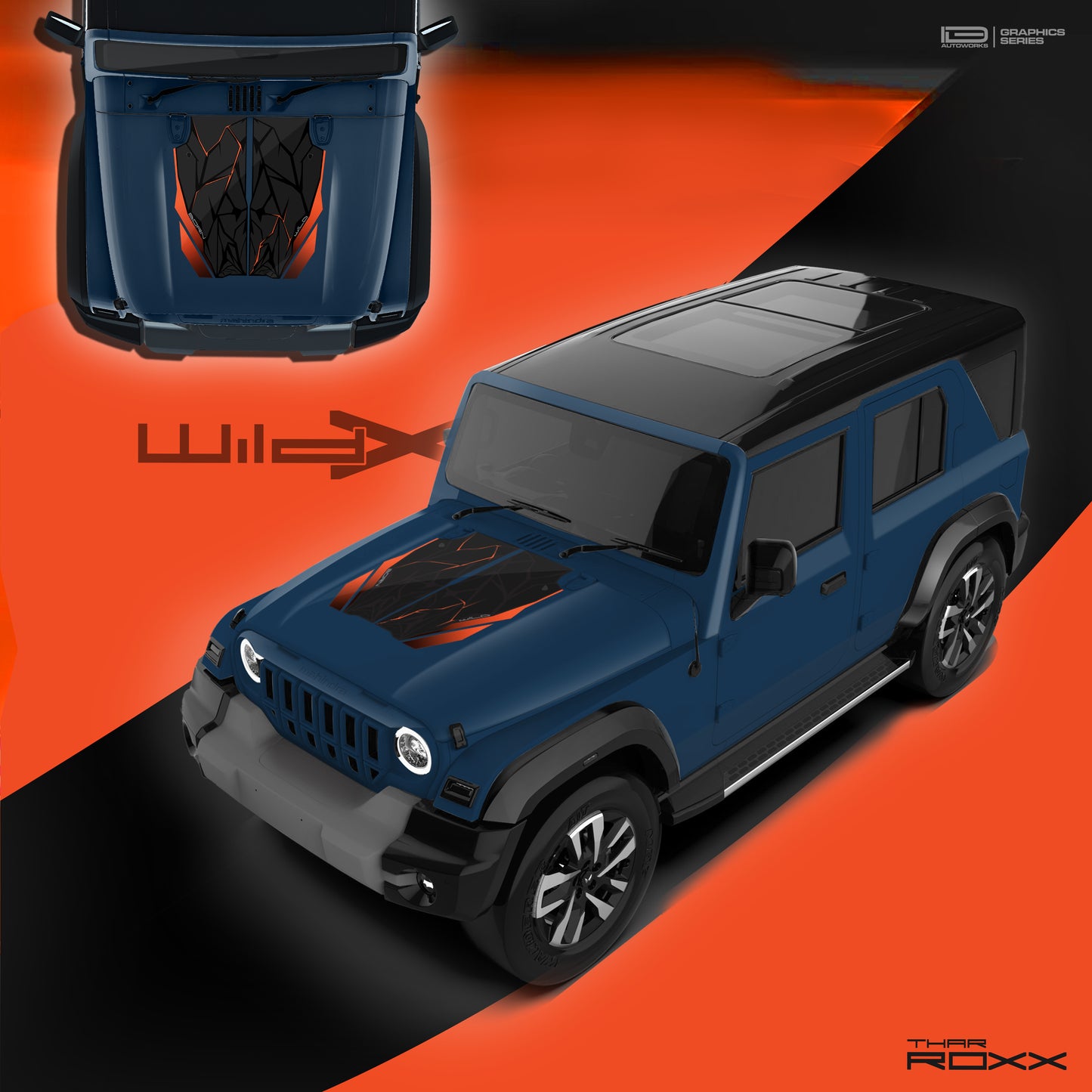 IDE Graphics Series - Wild X Edition for Mahindra Thar Roxx / Bonnet (Nebula Blue)
