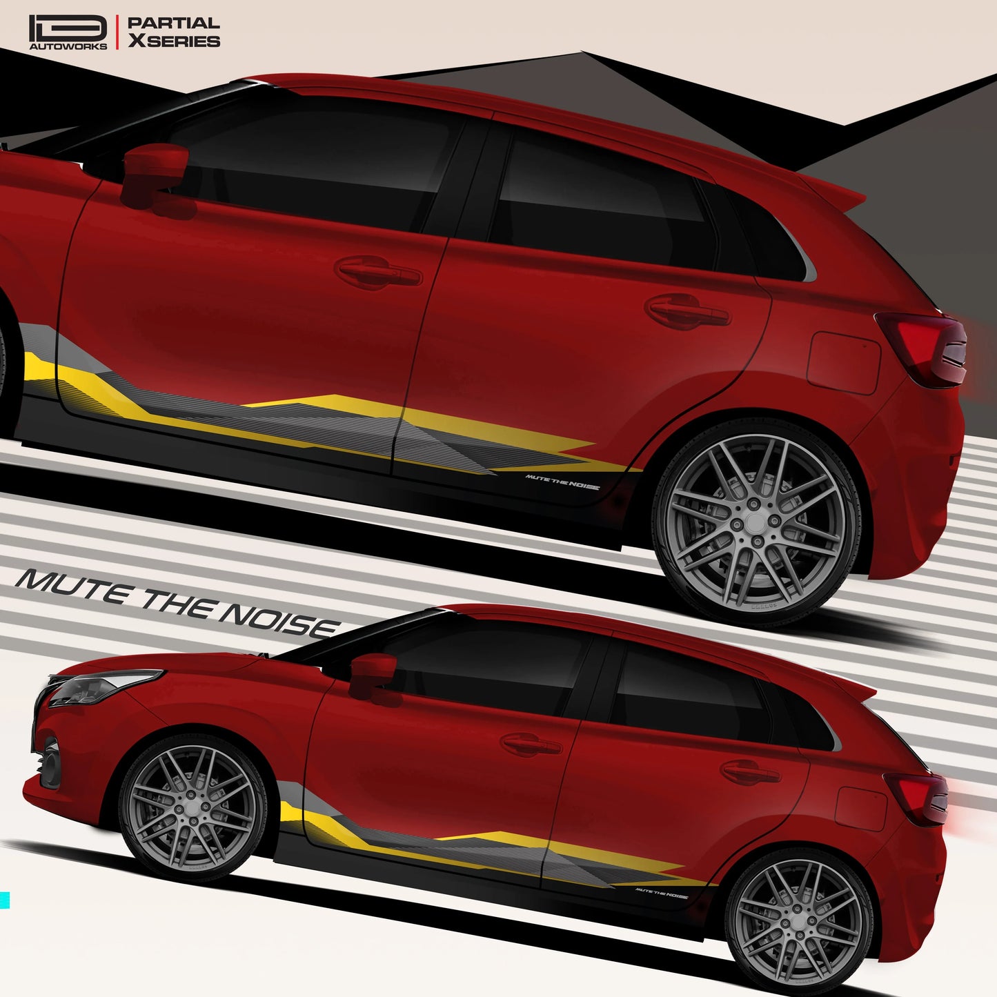 Mute The Noise Edition Graphics for Maruti Suzuki Baleno red
