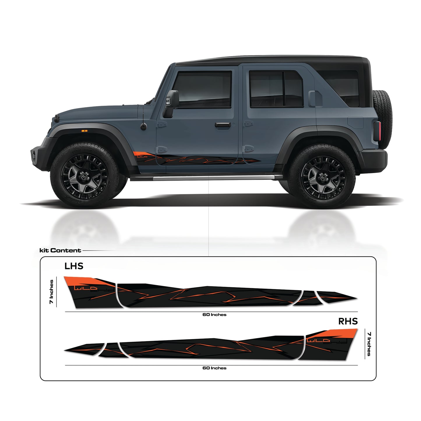 IDE Graphics Series - Wild X Edition for Mahindra Thar Roxx / Only Side Decals (Battleship Grey)