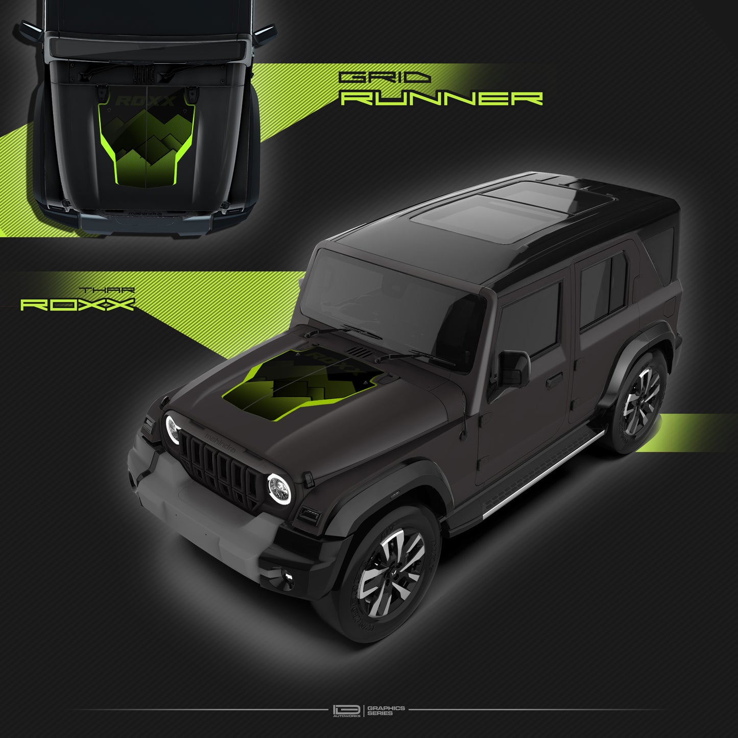 IDE Graphics Series - Grid Runner Edition for Mahindra Thar Roxx / Bonnet (Stealth Black)
