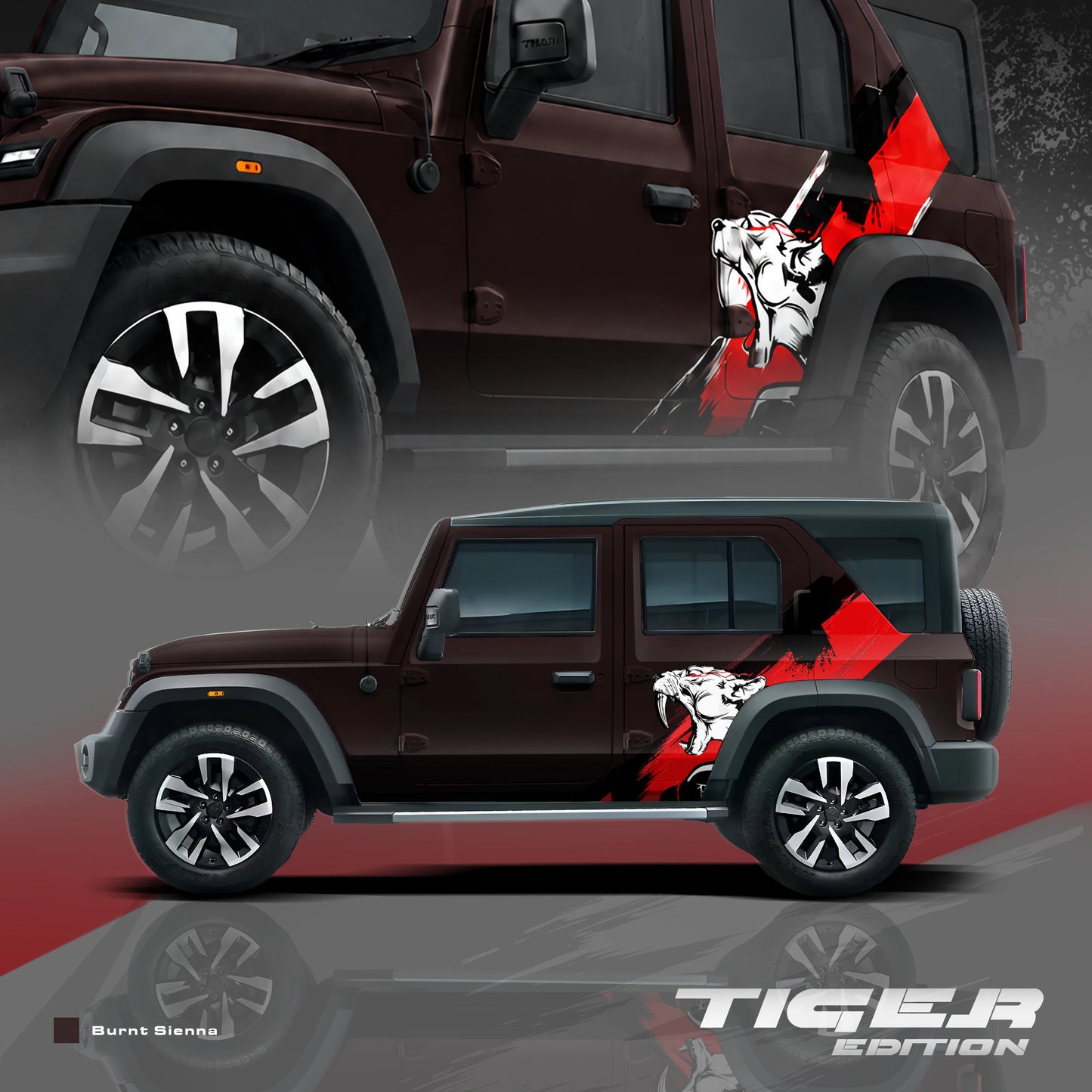 Tiger Edition partial vinyl wrap for Mahindra Thar Roxx Burnt Sienna