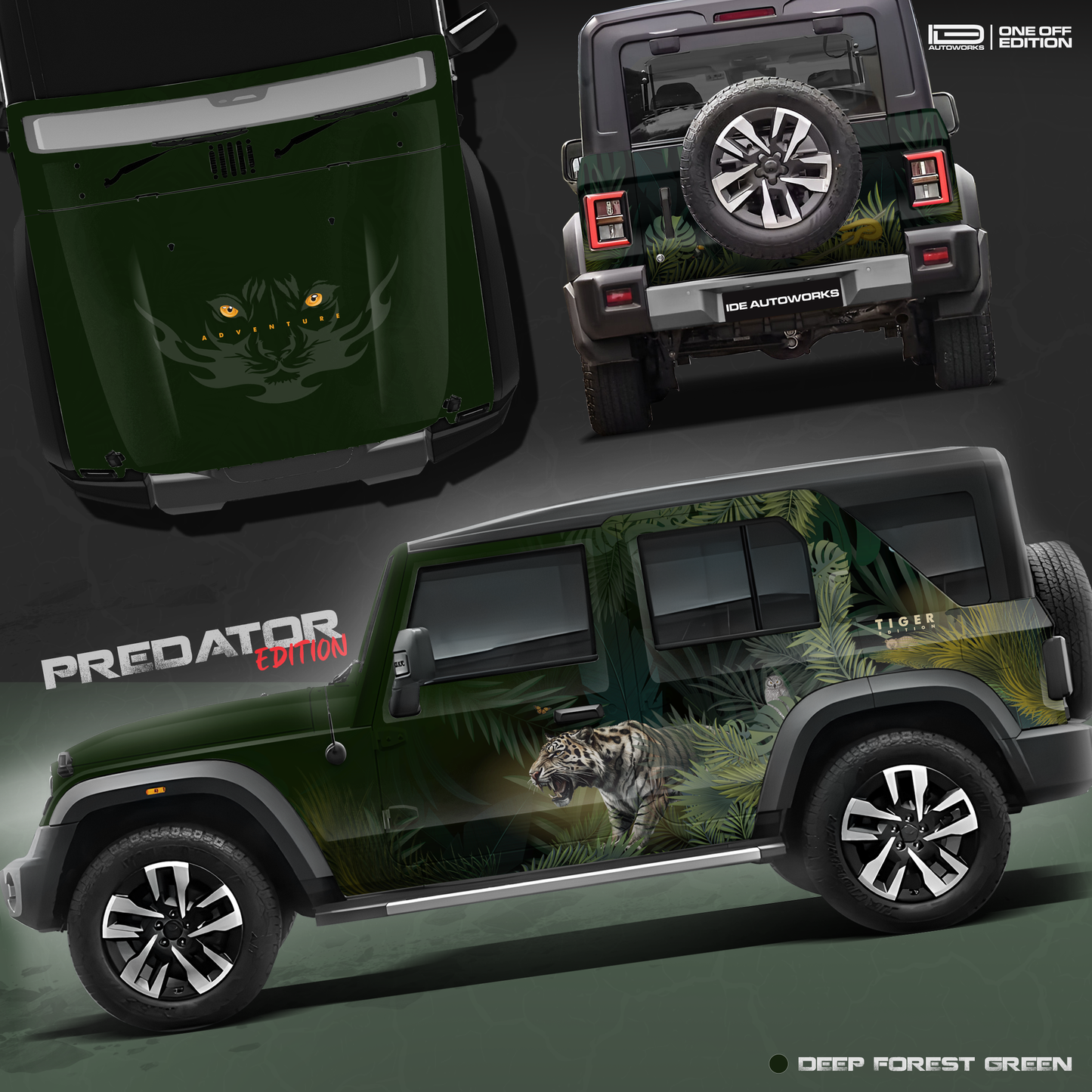 A Mahindra Thar Predator edition featuring a tiger on the roof, designed with striking graphics by IDE Autoworks