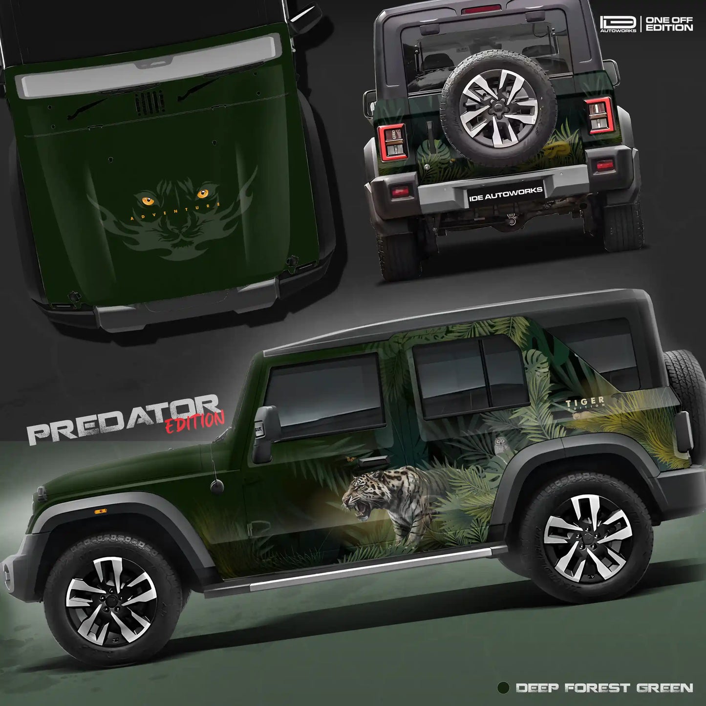 A Mahindra Thar Predator edition featuring a tiger on the roof, designed with striking graphics by IDE Autoworks