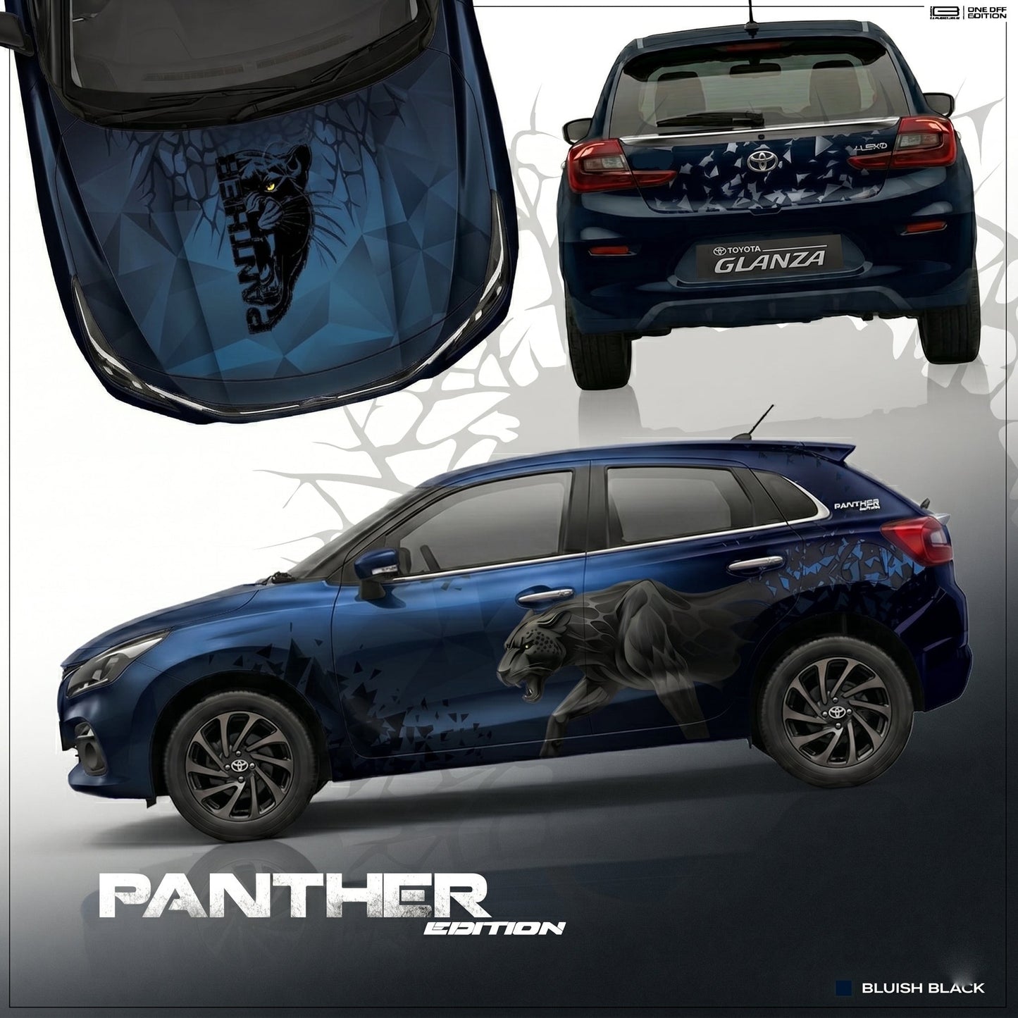 IDE One Off edition Panther Edition car Graphics for Maruti Suzuki Baleno bluish black