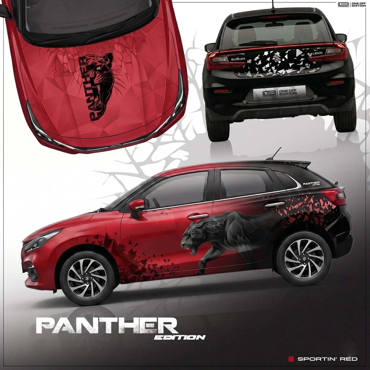 IDE One Off edition Panther Edition car Graphics for Maruti Suzuki Baleno red