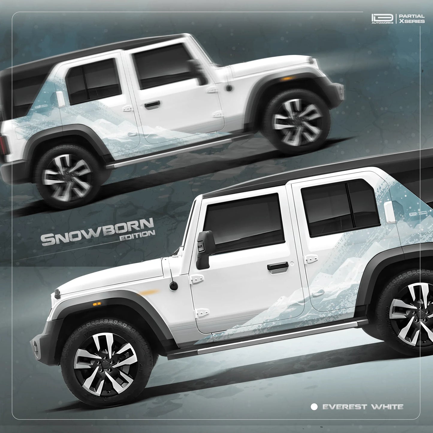 Snowborn Edition Graphics for Mahindra Thar Roxx white