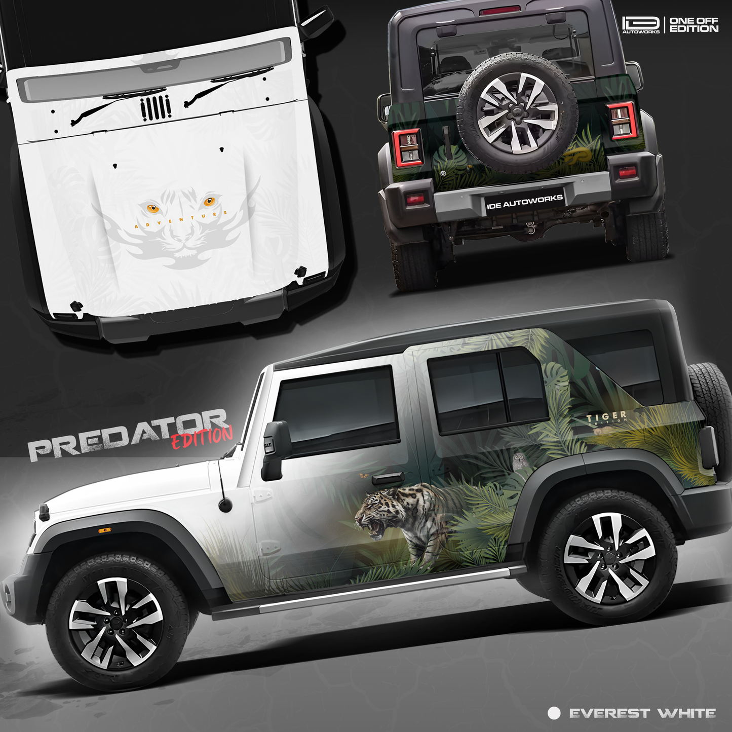 A Mahindra Thar Predator edition featuring a tiger on the roof, designed with striking graphics by IDE Autoworks