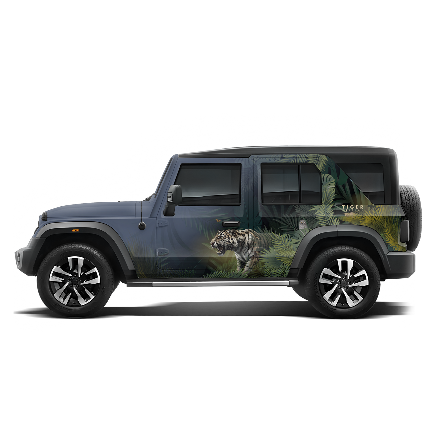 A Mahindra Thar Predator edition featuring a tiger on the roof, designed with striking graphics by IDE Autoworks