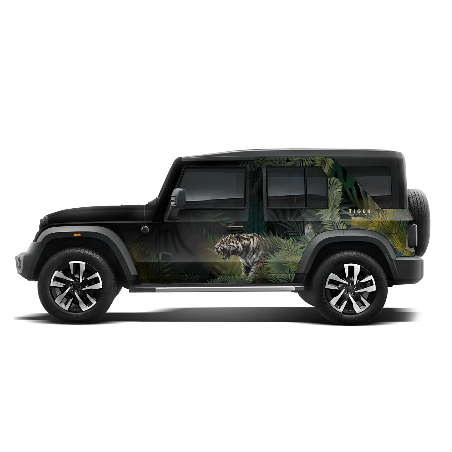 A Mahindra Thar Predator edition featuring a tiger on the roof, designed with striking graphics by IDE Autoworks