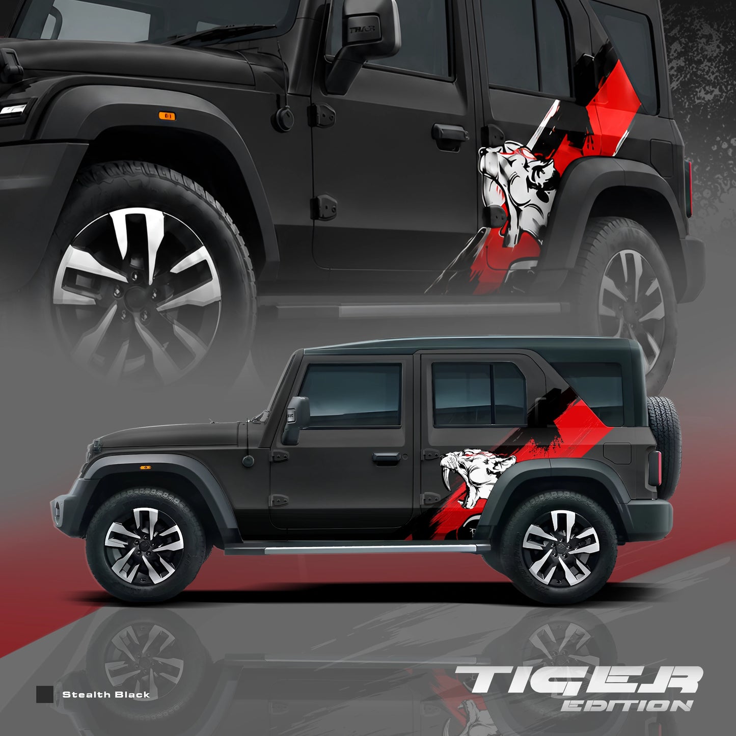 Tiger Edition partial vinyl wrap for Mahindra Thar Roxx Stealth Black