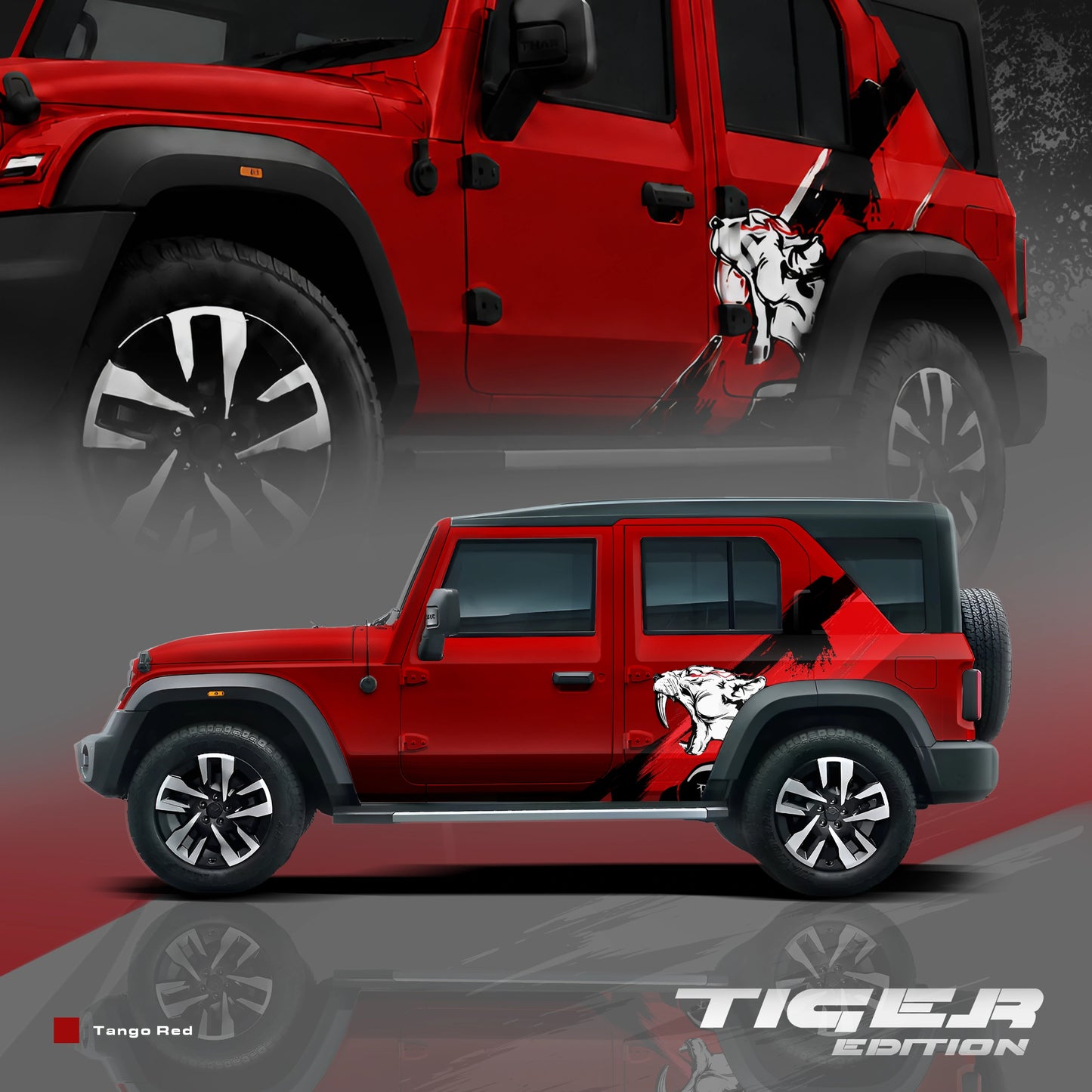 Tiger Edition partial vinyl wrap for Mahindra Thar Roxx Tango Red