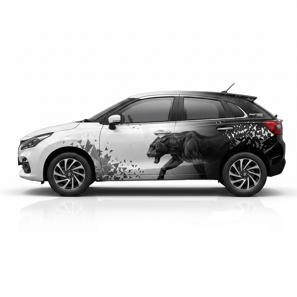IDE One Off edition Panther Edition car Graphics for Maruti Suzuki Baleno white