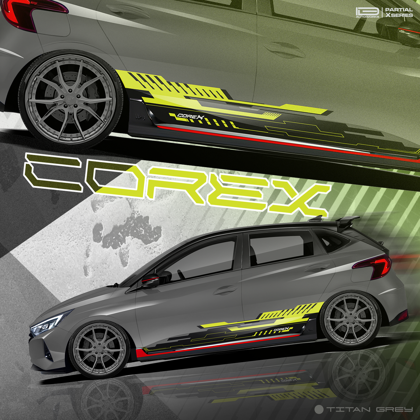 Hyundai i20 grey color with Corex Edition car graphics