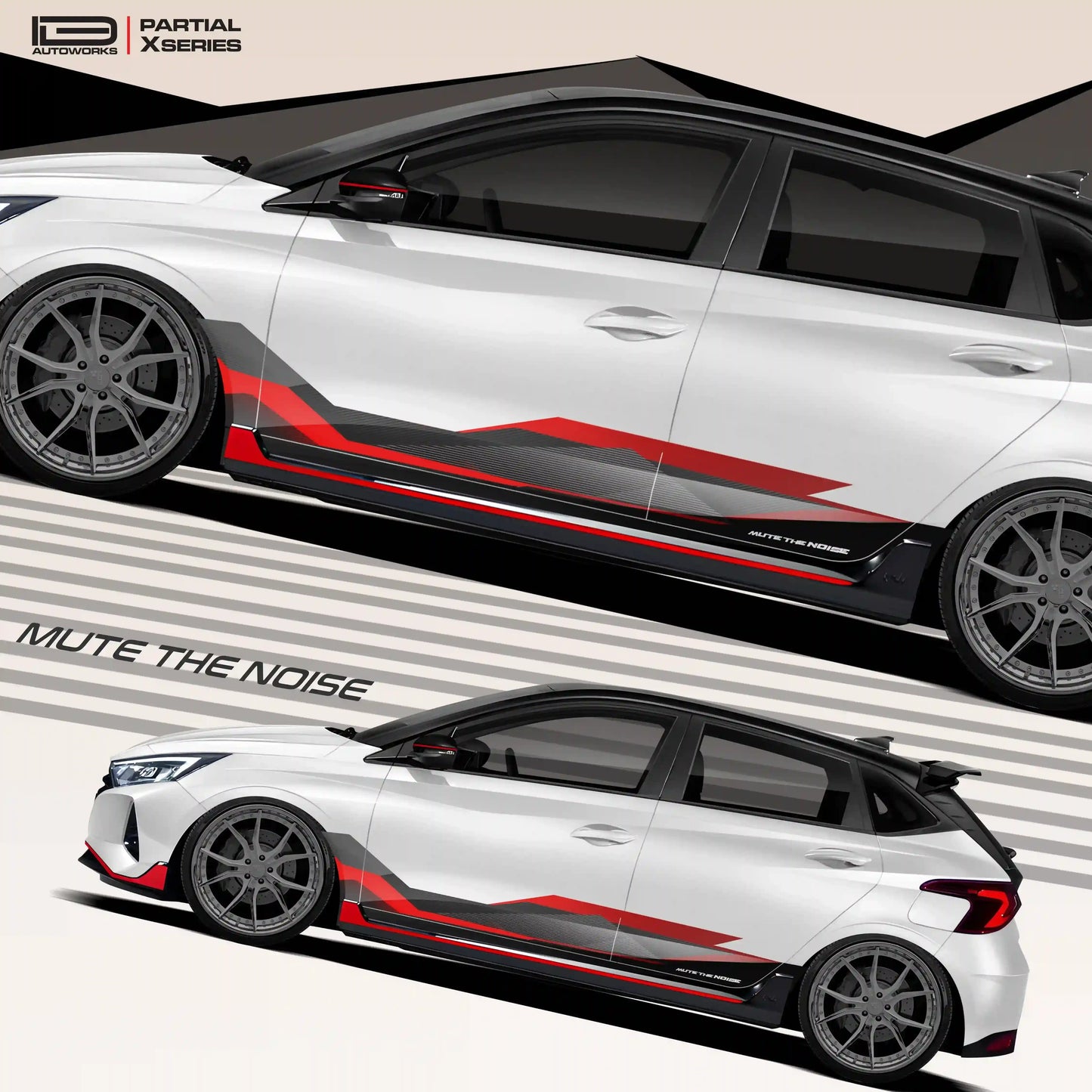 Mute The Noise Edition Graphics for Hyundai i20 white