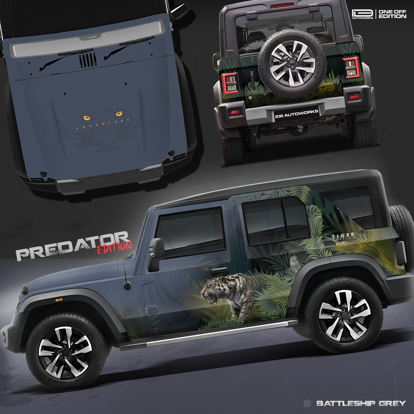 A Mahindra Thar Predator edition featuring a tiger on the roof, designed with striking graphics by IDE Autoworks