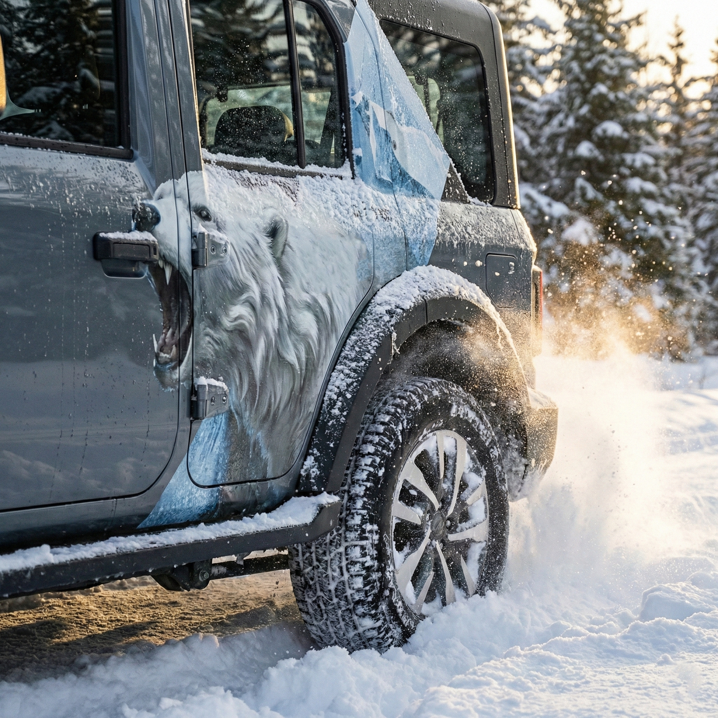 Bear Edition Graphics for Mahindra Thar Roxx grey in snow