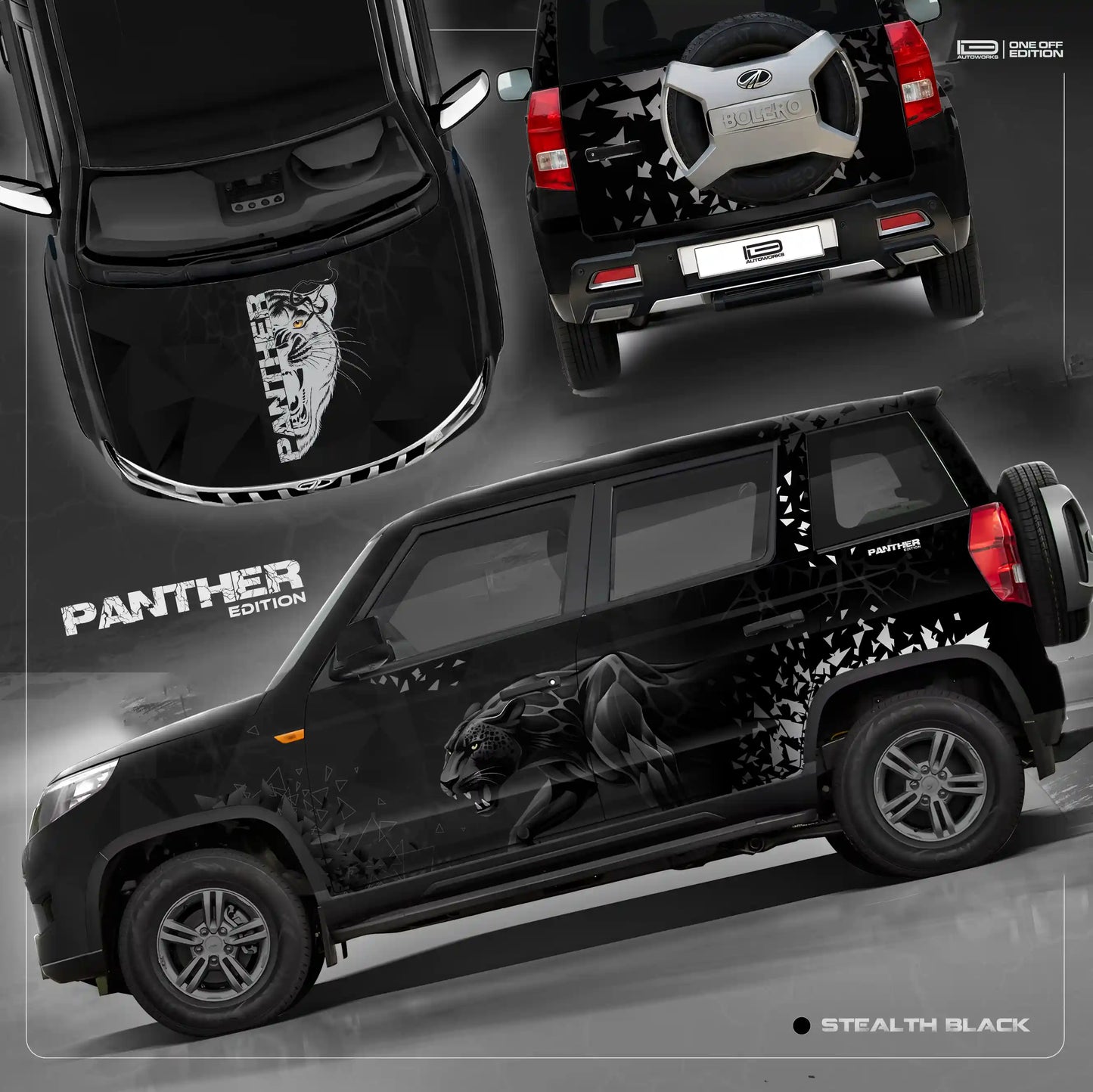 IDE one off edition car graphics for the mahindra bolero Neo white 