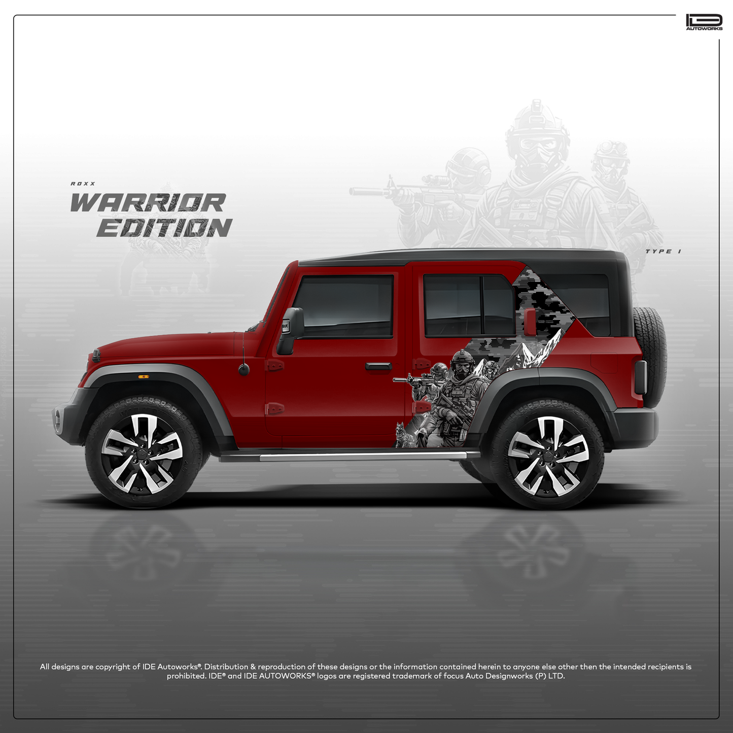 Mahindra Thar Roxx with warrior edition graphics red