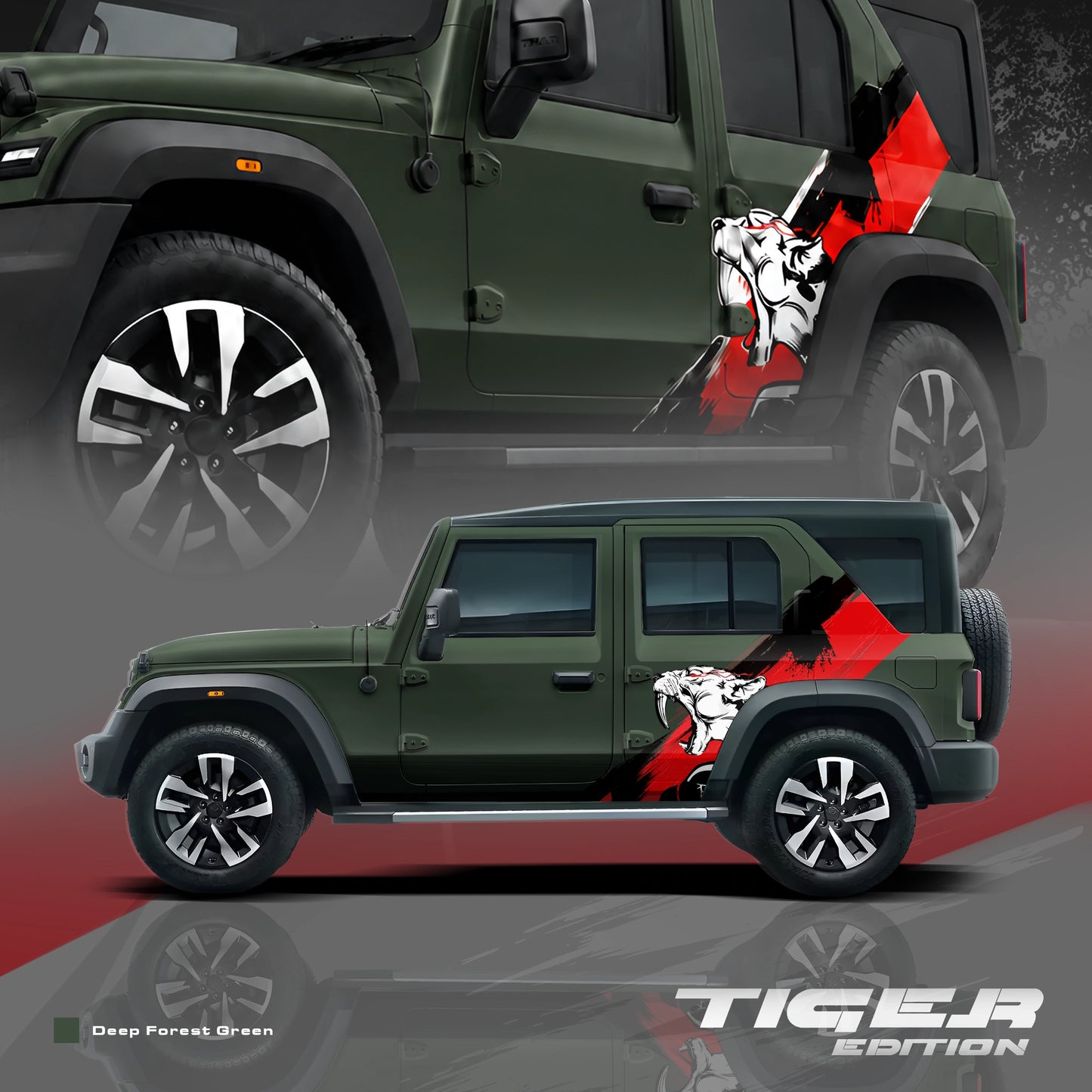 Tiger Edition partial vinyl wrap for Mahindra Thar Roxx Deep Forest Green