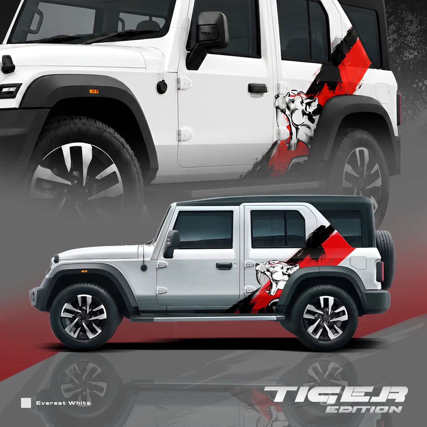 Tiger Edition partial vinyl wrap for Mahindra Thar Roxx Everest White