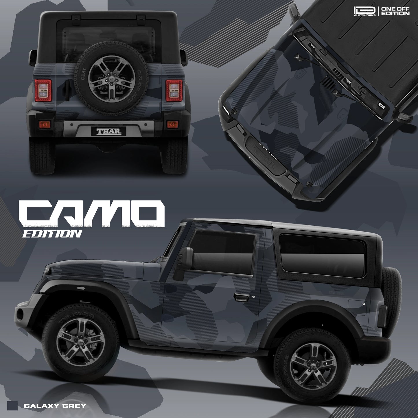Camo Edition car graphics for Mahindra Thar Galaxy grey