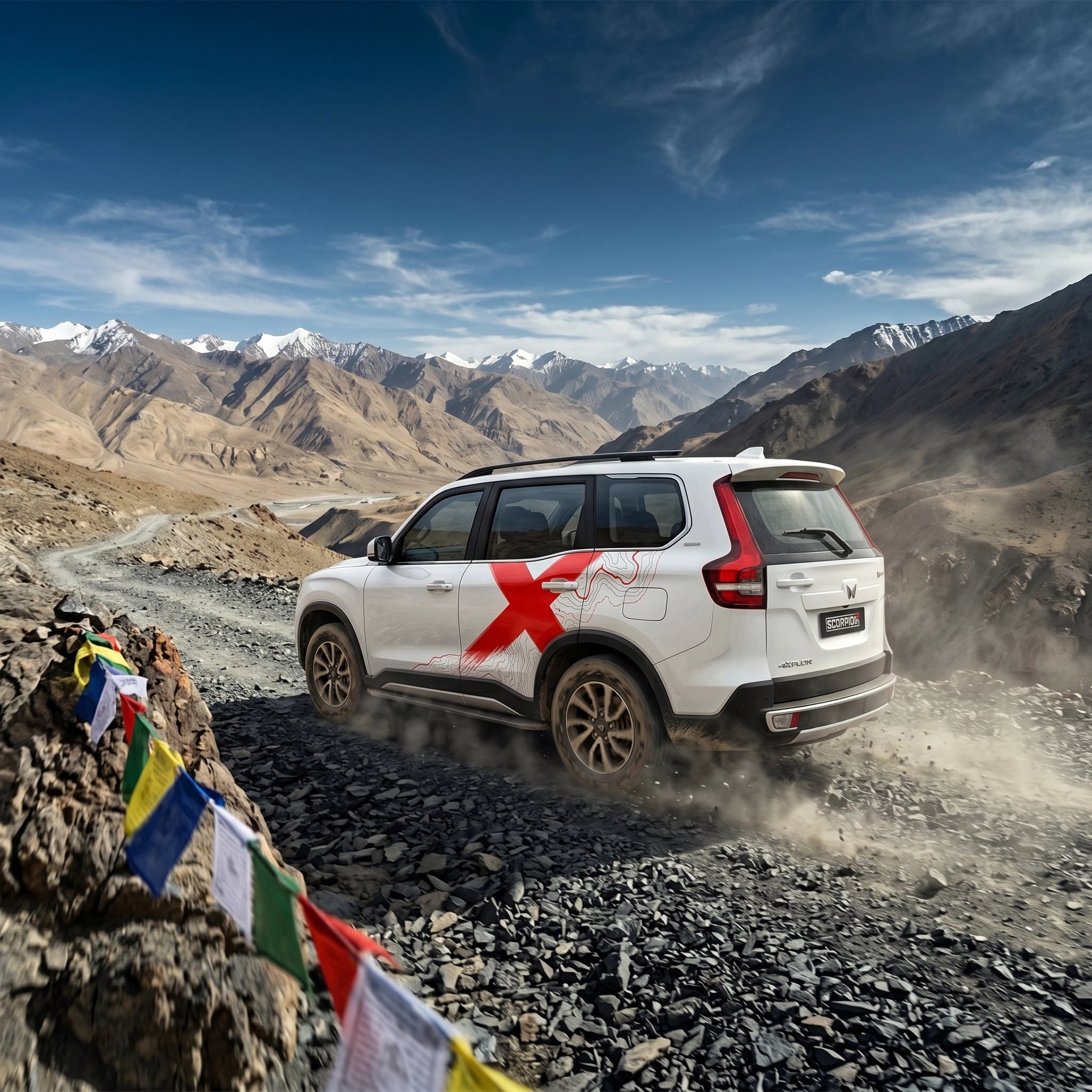 Mahindra Scorpio N with IDE Car graphics running on the mountain