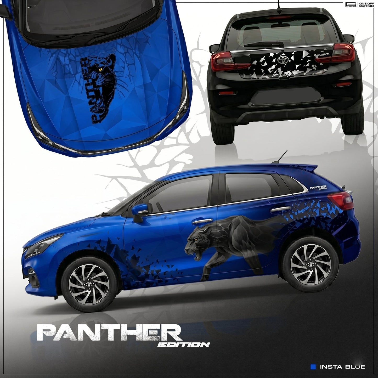 IDE One Off edition Panther Edition car Graphics for Maruti Suzuki Baleno blue