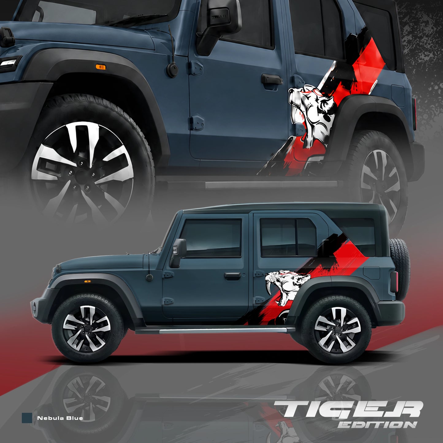 Tiger Edition partial vinyl wrap for Mahindra Thar Roxx Nebula Blue