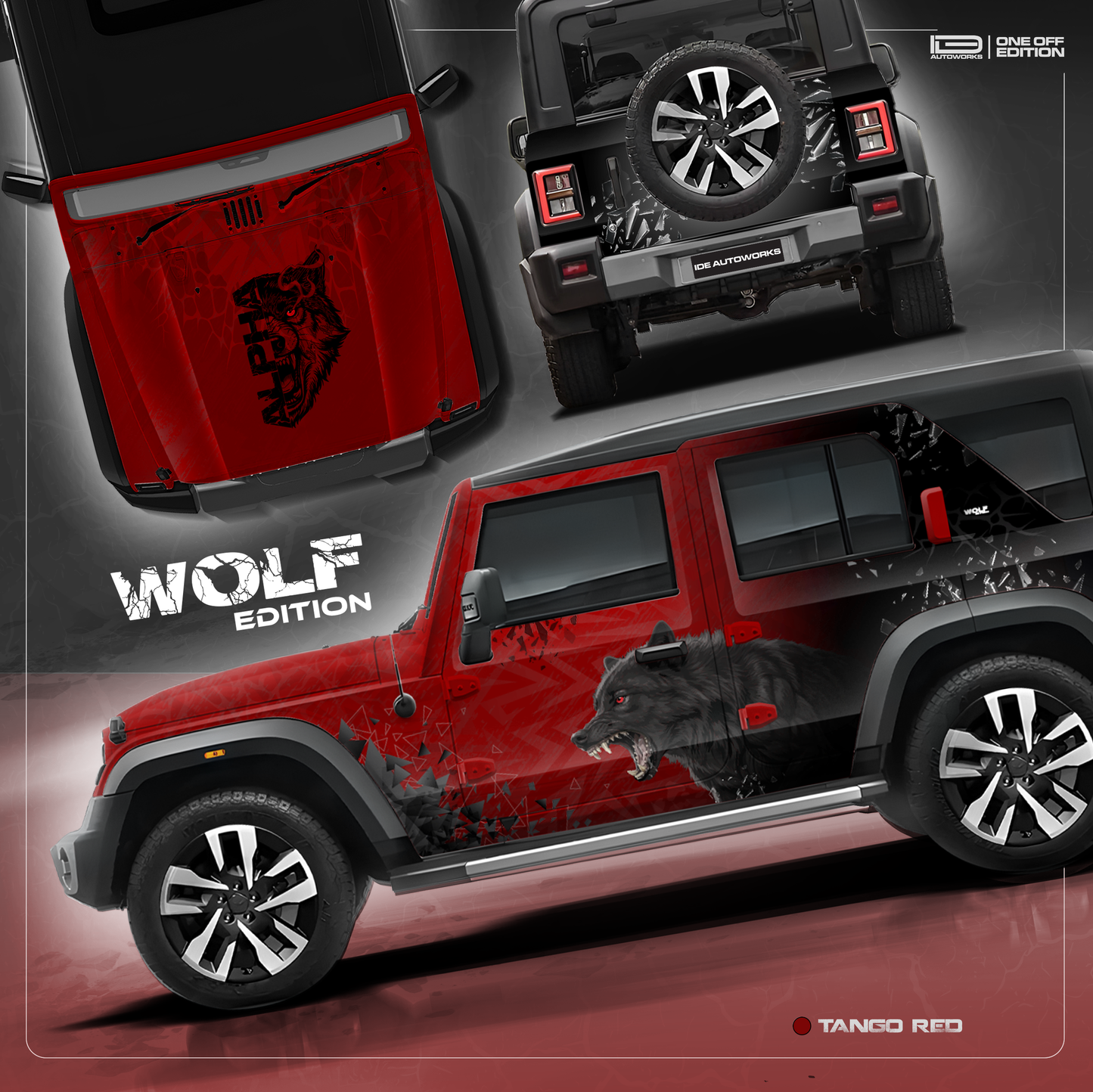 Wolf Edition car graphics for Mahindra Thar Roxx red