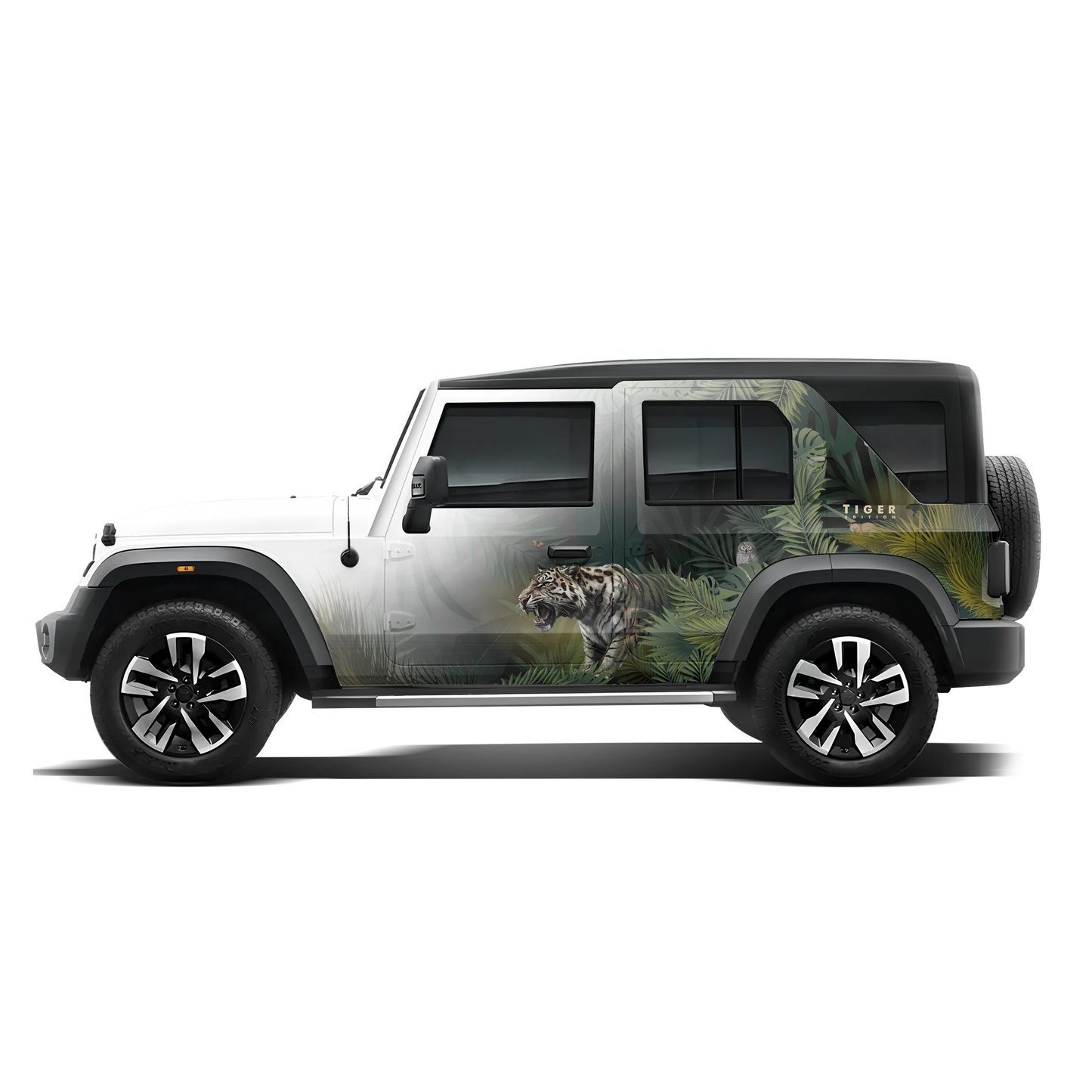A Mahindra Thar Predator edition featuring a tiger on the roof, designed with striking graphics by IDE Autoworks